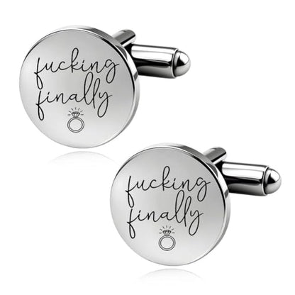 Silver Cufflinks for Men Wedding Engagement Gifts for Him Cuff Links 2Pcs Round Stainless Steel Engraved Cufflink for Shirt - color: Fucking Finally