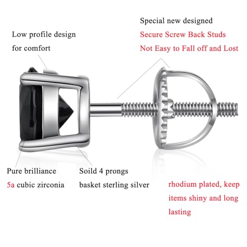 Stud Earrings with Screw Back, 925 Sterling Silver Cubic Zirconia Round Cut/Square Cut Stud Earrings for Women and Men, Long & Thick Post, 4MM-8MM - color: C-Round-Black, size: 8MM