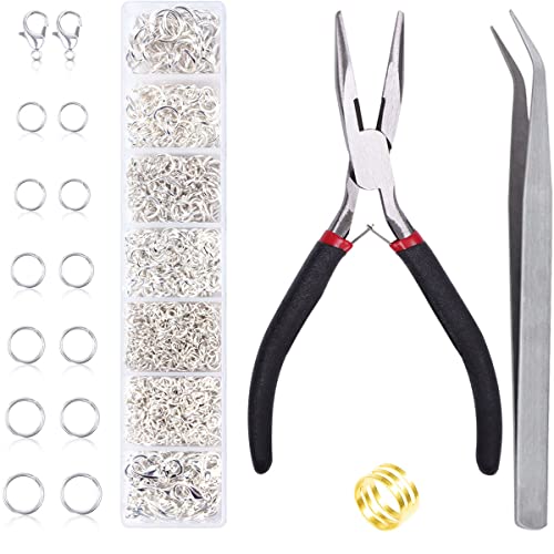 Jump Rings for Jewelry Making Kit, 1500 pcs Jewelry Repair Kit for Necklace Bracelet, Lobster Clasps and Closures Repair Supplies Kit with Pliers Tweezers-Silver - color: Silver