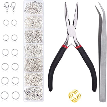Jump Rings for Jewelry Making Kit, 1500 pcs Jewelry Repair Kit for Necklace Bracelet, Lobster Clasps and Closures Repair Supplies Kit with Pliers Tweezers-Silver - color: Silver