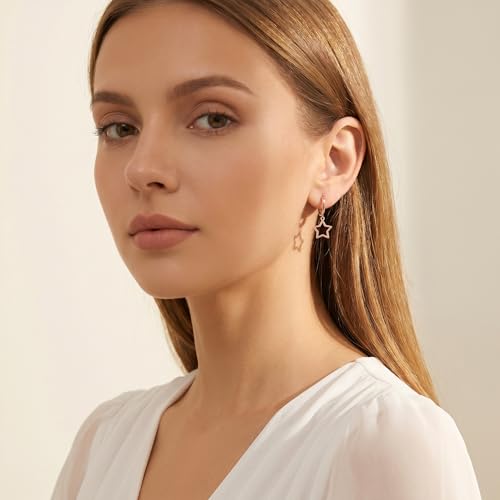 Reffeer Solid 925 Sterling Silver Star Hoop Dangle Earrings for Women Teen Girls Star Drop Earrings Huggie - color: C-Rose
