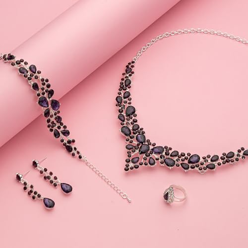 Paxuan Crystal Bridal Wedding Jewelry Sets for Women Rhinestone Teardrop Crystal Statement Choker Necklace Drop Earrings Link Bracelets Rings Teardrop Jewelry Set for Brides Bridesmaids - color: Silver Plated Purple Crystal
