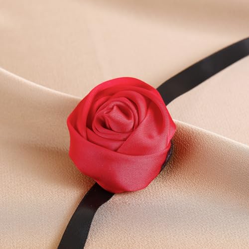 Firstmeet Floral Rose Necklace Handmade Flower Satin Ribbon Choker Necklace for Women - color: Red