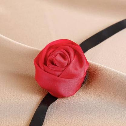 Firstmeet Floral Rose Necklace Handmade Flower Satin Ribbon Choker Necklace for Women - color: Red