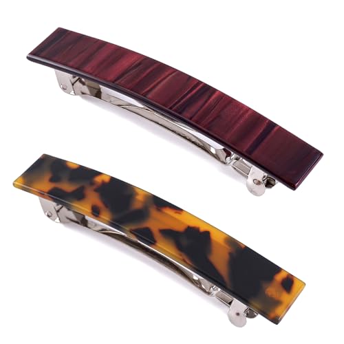 2 Pack French Design Hair Barrettes Tortoise Shell Acetate Celluloid Rectangle Hair Clips for Women - color: Dark Tortoise+Burgundy