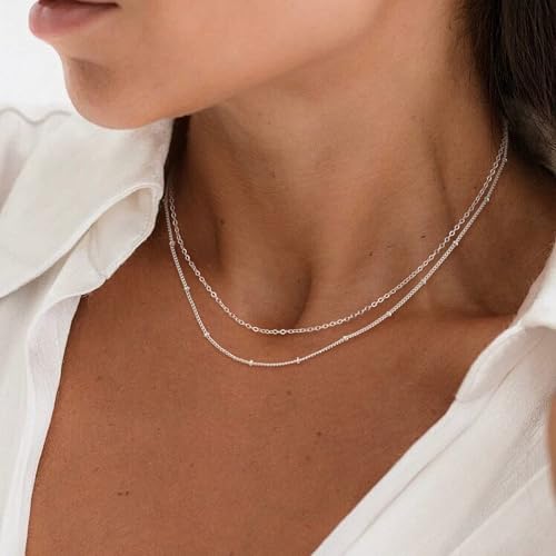 Dainty Sterling Silver Plated Diamond Choker Necklace for Women | Layered Created Diamond Pendent Necklace Set Non Tarnish, Stackable Cuban Chain Choker Jewelry - color: Gold-02