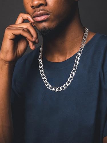 ChainsHouse Cuban Link Chain Necklace Men Women, 5/9/12/15mm Width, Stainless Steel/14K Gold Plated Cuban Necklace, 14"-30" Length, with Gift Box - color: C: Cuban-12mm-steel, size: 22.0 Inches