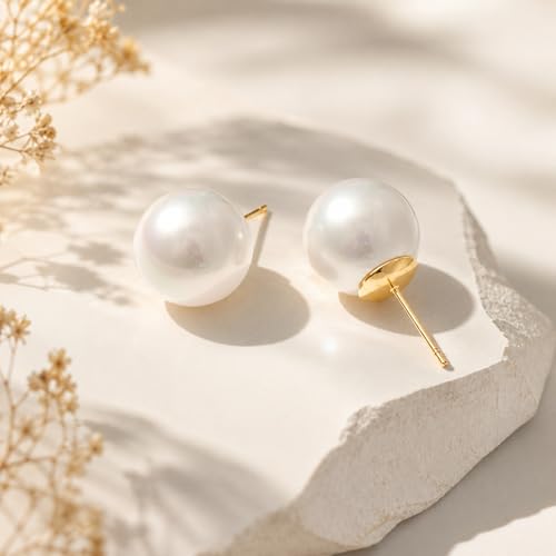 ZLP Oversize 14/12/10mm Classic Round Strong Light Simulated Shell Pearl Earrings 14K Gold Plated Sterling Silver Stud Big Pearl Earrings for Women, - color: Saltwater pearls, size: 14 MM