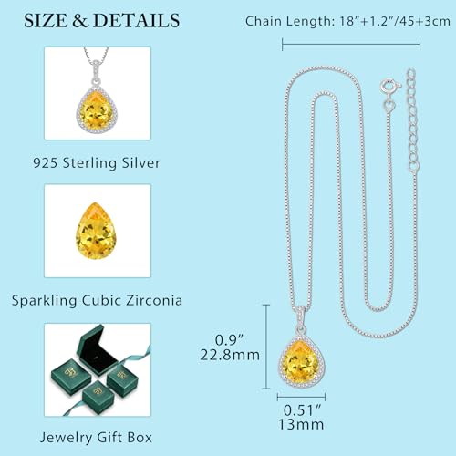 FJ Teardrop Pendant Necklace 925 Sterling Silver Birthstone Jewelry for Women - color: 11 November-Citrine