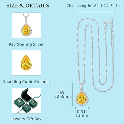 FJ Teardrop Pendant Necklace 925 Sterling Silver Birthstone Jewelry for Women - color: 11 November-Citrine