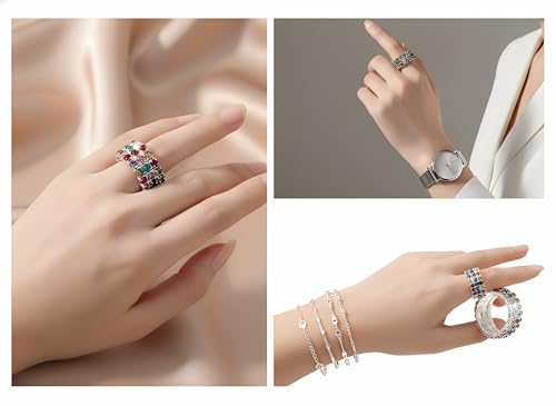 Sparkling Rhinestone Ring Set Trendy Elastic Rhinestone Crystal Stretch Ring Stackable Jewelry for Women Girls - color: 3 Rows Ring-Colorful