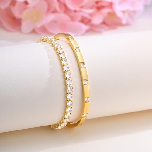 Stackable Gold Bracelets for Women - 2Pcs 18K Gold Plated Cubic Zirconia Bangle Bracelet Friendship Tennis Bracelet Stack Jewelry,Party Christmas Birthday Gift for Girlfriend Sister Wife Daughter - style: Gold Set_3