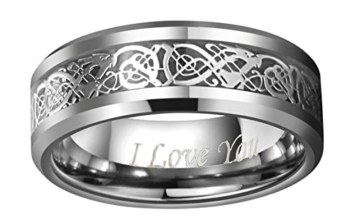 CROWNAL Black Dragon Men Black Tungsten Carbide Ring Wedding Band 6mm 8mm 10mm Red Carbon Fiber Black Celtic Dragon Inlay Engraved I Love You Size 7 to 17 - color: Silver Dragon Black Carbon Fiber