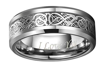 CROWNAL Black Dragon Men Black Tungsten Carbide Ring Wedding Band 6mm 8mm 10mm Red Carbon Fiber Black Celtic Dragon Inlay Engraved I Love You Size 7 to 17 - color: Silver Dragon Black Carbon Fiber