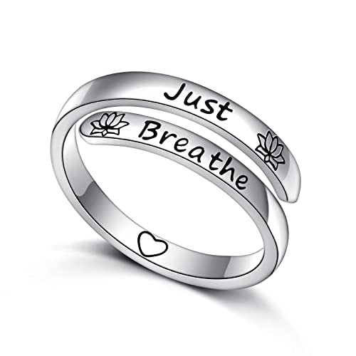 Ladytree Adjustable Inspirational Rings 925 Sterling Silver Stacking Wrap Spiral Twist Statement Band Encouragement Birthday Gift for Women Men - style: just breathe