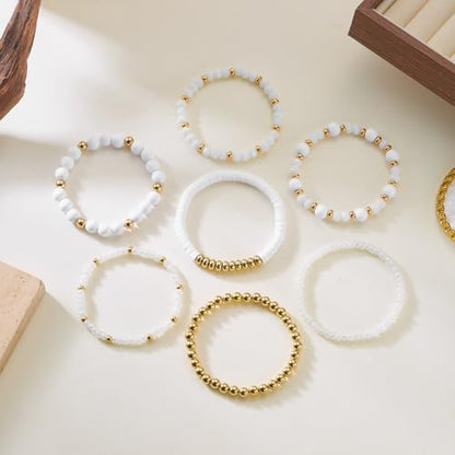 FORUBUS 7Pcs Bohemian Multilayer Stackable Beaded Bracelets Set for Women, Crystal Glass Gold CCB Beads Stretch Bracelet Pack, Summer Beach Boho Jewelry Vacation Gifts - color: White