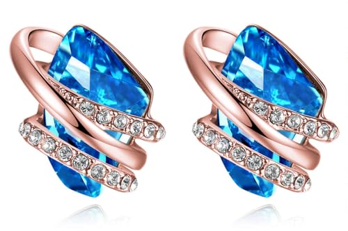 Gifts for Women, Wish Stone Stud Earrings with Birthstone Crystals, 18K Rose Gold Plated or Silver-tone - color: 103-March December-Aquamarine Blue-Rose Gold Plated