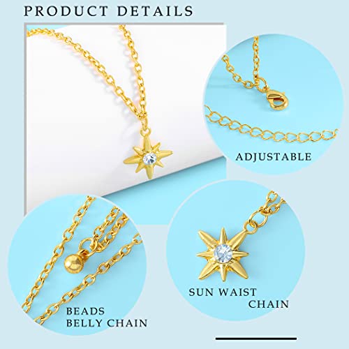 Waist Chain Silver Beads Belly Chain Gold silver Women Dainty Body Jewelry Accessories - color: gold sun - 36 + 10 in
