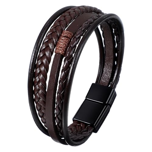 Grevosea Men's Braided Bracelet, Adjustable Brown Knot Mens Leather Multi-strand Bracelet Gift for Husband Boyfriend - color: Brown