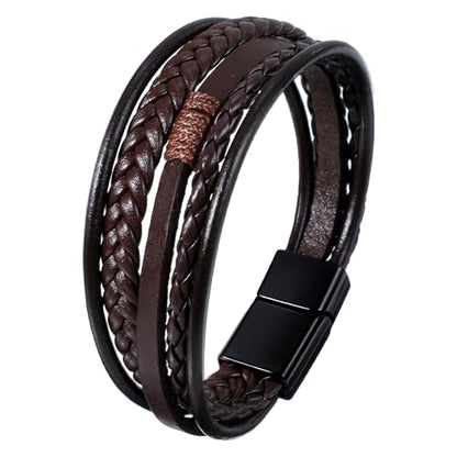 Grevosea Men's Braided Bracelet, Adjustable Brown Knot Mens Leather Multi-strand Bracelet Gift for Husband Boyfriend - color: Brown