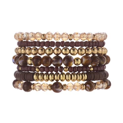 FORUBUS 7Pcs Bohemian Multilayer Stackable Beaded Bracelets Set for Women, Crystal Glass Gold CCB Beads Stretch Bracelet Pack, Summer Beach Boho Jewelry Vacation Gifts - color: Brown