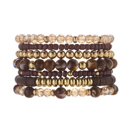 FORUBUS 7Pcs Bohemian Multilayer Stackable Beaded Bracelets Set for Women, Crystal Glass Gold CCB Beads Stretch Bracelet Pack, Summer Beach Boho Jewelry Vacation Gifts - color: Brown