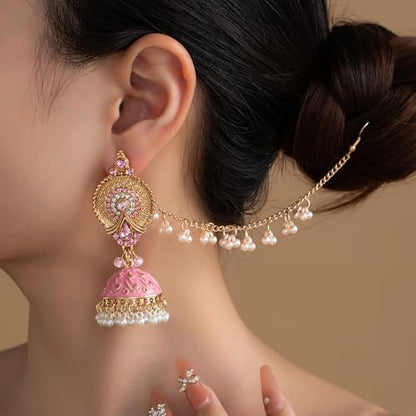 Indian Earrings for Women Vintage Bollywood Jhumka Chandelier Drop Wedding Dangle Earrings with Hair Chain Boho Ethnic Bridal Jewelry Fancy Jhumkis Diwali Karva Chauth Festival Accessories Party Wear
