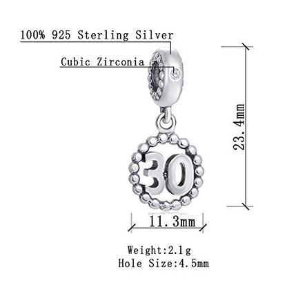 5,10,15,16,17,18,20,21,25,30,35,40,42,49,50,55,60,65,70 Number Charms for European Bracelet, 925 Sterling Silver Birthday Pendant Beads with CZ, Gifts for Mothers Day/Anniversary - color: Silver Color Number 30 Charm
