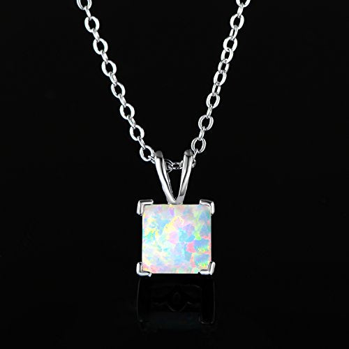 VOLUKA Created Opal/Amethyst/Mystic Topaz Pendant Necklace for Women,18K White/Rose Gold Plated Chain Wedding Engagement Jewelry Gift - color: F-Square opal necklace-w