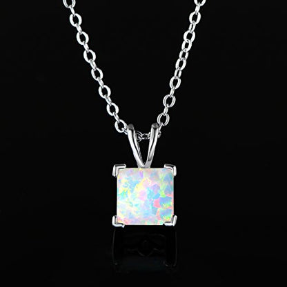 VOLUKA Created Opal/Amethyst/Mystic Topaz Pendant Necklace for Women,18K White/Rose Gold Plated Chain Wedding Engagement Jewelry Gift - color: F-Square opal necklace-w