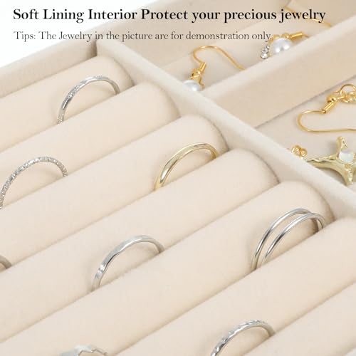 Jewelry Box Insert Organizer for Drawer, Stackable Trays Velvet Jewelry Drawer Inserts, Ring Earring Stud Necklace Holder Display Storage Case(Beige, 8.3 x 4.9in) - color: Beige