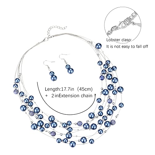 FULU AUTUMN Layered Pearl Necklace Multi-strand Pearl Choker Necklaces for Women Beaded jewelry for Wedding Parties - color: 37-Blue