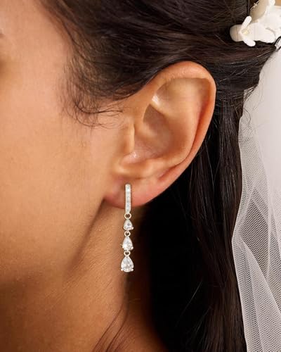 14K Gold Plated/Sterling Silver CZ Pearl Drop Dangle Earrings for Women - color: Silver-Long CZ