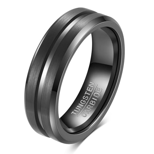 Tungsten Wedding Band Ring for Men 6mm 8mm Classic Groove Tungsten Wedding Band Ring for Men Matte Finish Comfort Fit Size 7-12 - color: 6mm Groove Black-Black