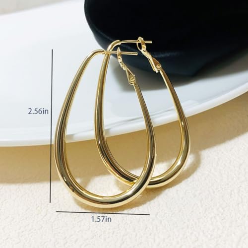Chunky Large Oval Hoop Earrings for Women Sparkly Gold Teardrop Dangle Earrings Thick Bold Silver Hoop Drop Earrings Oval Stainless Steel Hoop Earrings Fashion Costume Jewelry Accessories - color: Gold