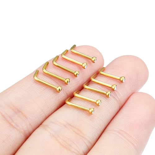 Hoeudjo Nose Studs Surgical Steel Cubic Zirconia Nose Rings Kit for Women Men Tiny Nose Stud Bone & Screw & L Shaped Nostril Piercing Jewelry 18/20/22/24 Gauge 10 Pieces - color: gold-tone,L-shaped nose studs, size: 18g/2mm clear CZ