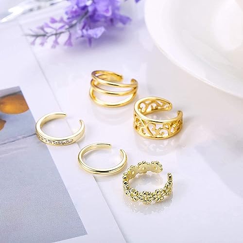 5 Pcs Filled Toe Rings for Women Non Tarnish Filled Toe Ring Adjustable Flower Cz Dainty Toe Ring Summer Beach Open Toe Rings Set Toe Jewelry Foot Jewelry(Gold,Silver,Rose Gold) - color: Gold