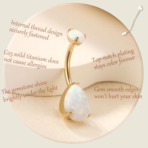 AROWRO Belly Button Ring Titanium Gold Sliver Hypoallergenic 14G Belly Button Piercing 10mm Barbell Belly Rings for Women With Opal - color: Gold+White Opal