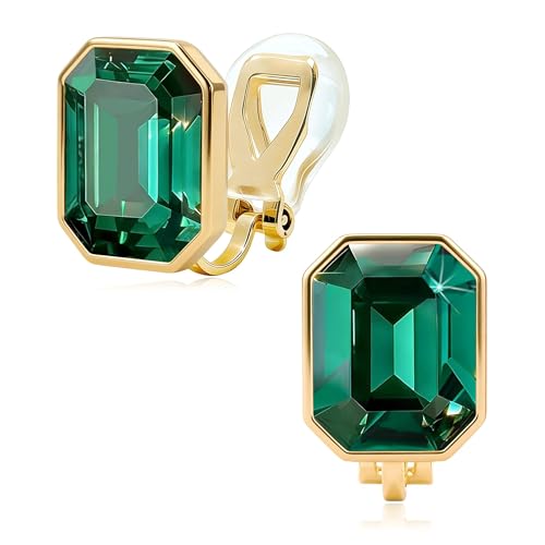 Octagon Austrian Crystal Non Pierced Clip On Earrings for Women | 14K Gold-Plated,Silicone Comfort Pad,Great for Unpierced Ears, Gift Box Included,Brighten Up Daily Outfits - color: Emerald