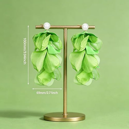 Handmade Bohemian Lightweight Fabric Flower Dangle Drop Earrings Chic Pearl Large Tassel Petal Stud Earrings For Women - color: Green