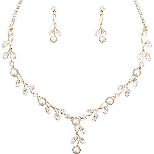 Luxury Cubic Zirconia Aurtrian Crystal Pearl Floral Necklace Dangle Earrings Wedding Bridal Jewelry Set Birthday Gifts for Her - color: Style1-Clear-Gold Plated