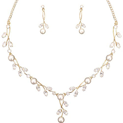 Luxury Cubic Zirconia Aurtrian Crystal Pearl Floral Necklace Dangle Earrings Wedding Bridal Jewelry Set Birthday Gifts for Her - color: Style1-Clear-Gold Plated