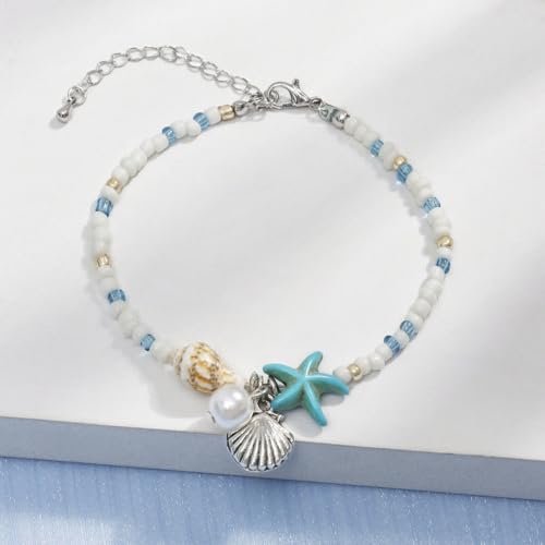 Shell Starfish Bracelet Seahorse Conch Starfish Sea Shell Pearls Charm Stone Bracelet Statement Bohemian Sea Themed Beach Jewelry for Women - color: Blue A