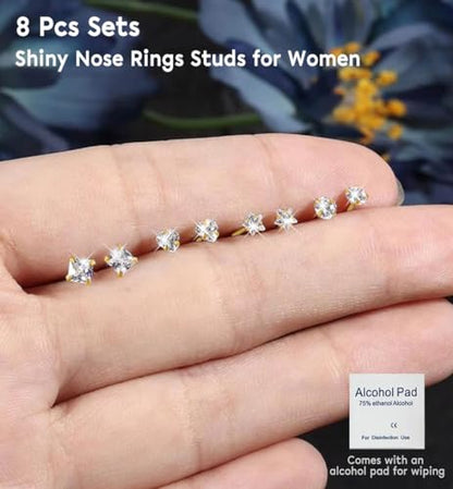 SEEDRILL 8Pcs 20G Nose Rings studs for Woman Hypoallergenic Nose Studs 316L Surgical Steel with Gold Plated Nose Piercings Jewelry 3mm CZ L Shape Nose Rings 20 Gauge Nose Stud Nose Screw Studs - style: 8Pcs/18G/3mm CZ/Straight Bar/Gold-Plated