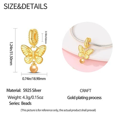 Pandach Animal Charm Bead fits Charms Bracelets for Woman-925 Sterling Silver Dangle Pendant Bead,Jewelry Beads Gifts for Women Bracelet&Necklace - style: Butterfly Gold Pendants