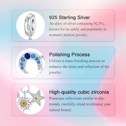 Bible Family Mom Wife Love Heart Dangle Charm 925 Sterling Silver Charms fits Bracelets and Necklace Pendant Bead Charms Jewelry Present for Women Family Friends - style: Sun Star Moon Charm