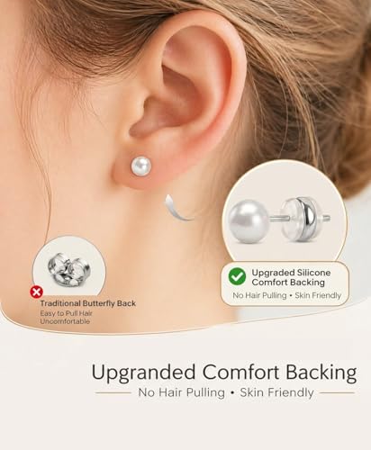 Stainless Steel Stud and Hoop Earrings Sets for Ear Stacks | Choose gold or silver pearl studs, CZ studs, flat backs, butterfly backs, hoops and multi-pair ear stack sets. - color: 7 Pairs 20G Silver-Pearl