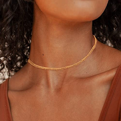 CHESKY 14K Gold Plated Silver Dainty Satellite Choker Necklace for Women | Layered Beaded Chain Necklace, Thin Choker Jewelry, Dainty Gold necklace, Minimalist Trendy Jewelry, Daily Gift for Women - style: 3beads-gold