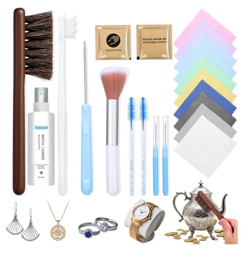 Ring Cleaning Kit,Professional Jewelry Cleaning Kit with Brushes,Spray & Cloths for Jewelry,Watches & Precious Metals,22-Piece All-in-One Home Cleaning Set