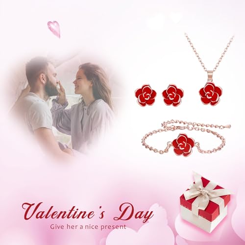 EleQueen Rose Flower Necklace Earrings Bracelet Set for Women - color: 04_Red Necklace+Earrings+Bracelet